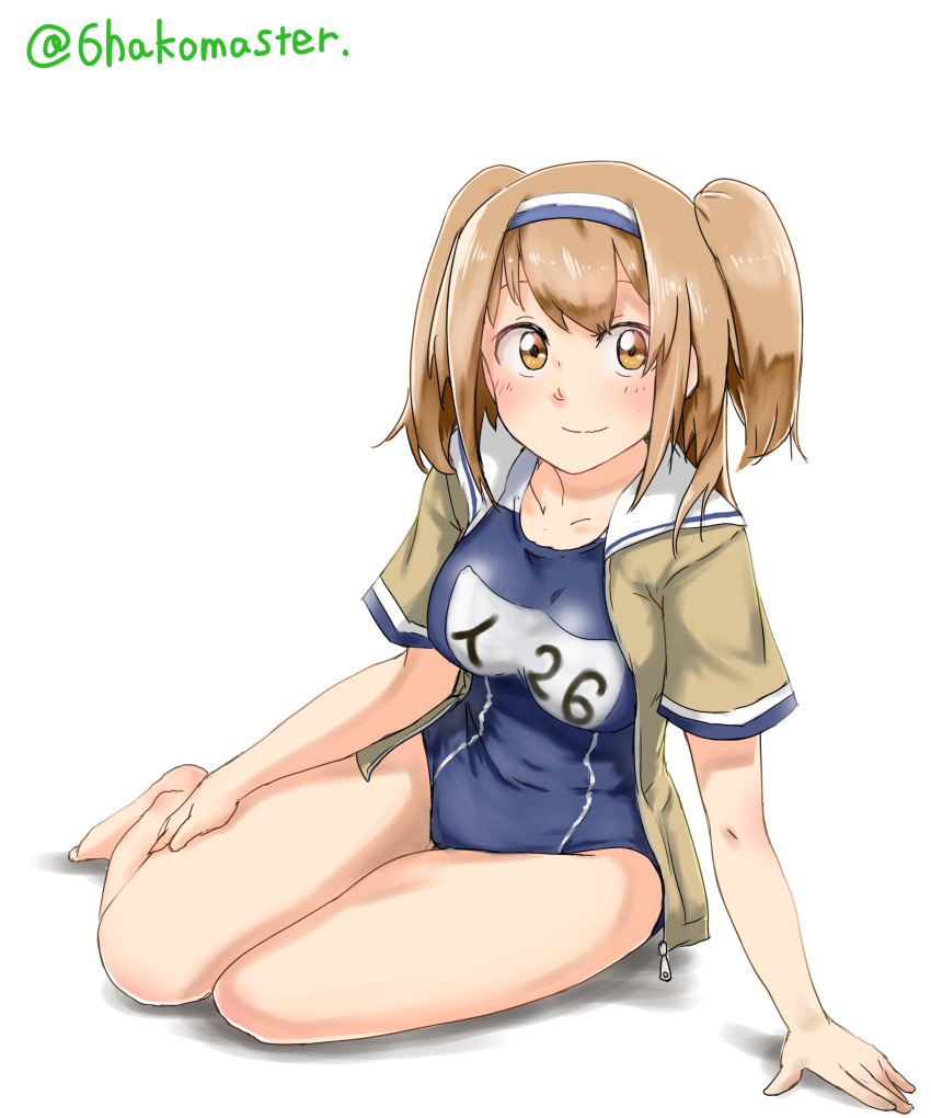 1girl absurdres barefoot breasts hairband hand_on_own_thigh highres i-26_(kantai_collection) kantai_collection legs_together light_brown_eyes light_brown_hair long_hair looking_at_viewer new_school_swimsuit roppako sailor_collar school_swimsuit short_sleeves sitting solo swimsuit swimsuit_under_clothes twitter_username two-tone_hairband two_side_up
