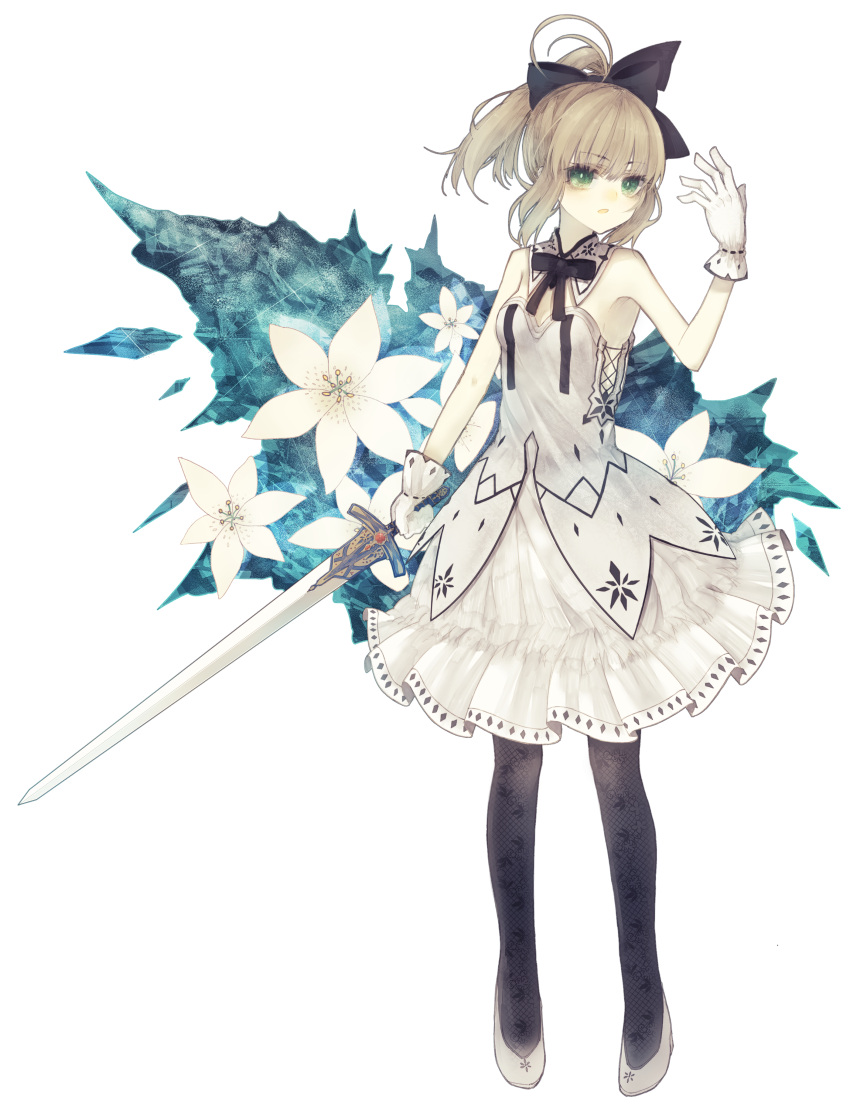 1girl absurdres ahoge arm_up bangs bare_arms bare_shoulders black_bow black_legwear blonde_hair bow bowtie caliburn detached_collar diamond_(shape) dress eyebrows_visible_through_hair fate/grand_order fate/unlimited_codes fate_(series) floral_print flower full_body gem gloves green_eyes hair_bow highres holding holding_sword holding_weapon lily_(flower) open_mouth pleated_dress riuichi ruby_(stone) saber saber_lily shoes slippers solo standing sword weapon white_background white_dress white_gloves white_shoes