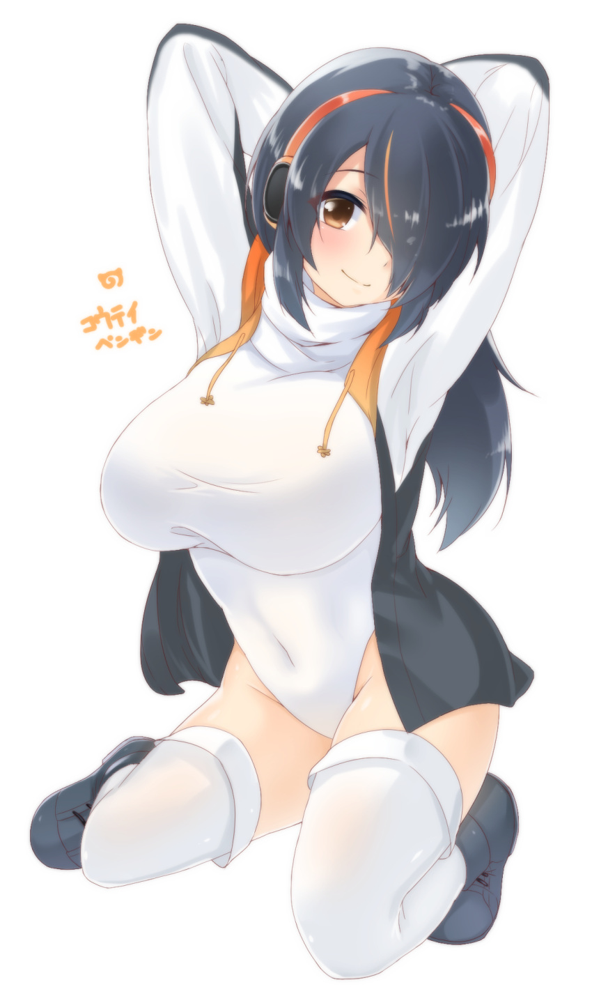 1girl arms_up bangs black_boots black_hair blush boots breasts brown_eyes closed_mouth covered_navel emperor_penguin_(kemono_friends) enatsu full_body hair_over_one_eye headphones highres hood hoodie kemono_friends large_breasts leotard long_hair looking_at_viewer multicolored_hair open_clothes open_hoodie orange_hair simple_background smile solo squatting streaked_hair thigh-highs thighs turtleneck white_background white_leotard