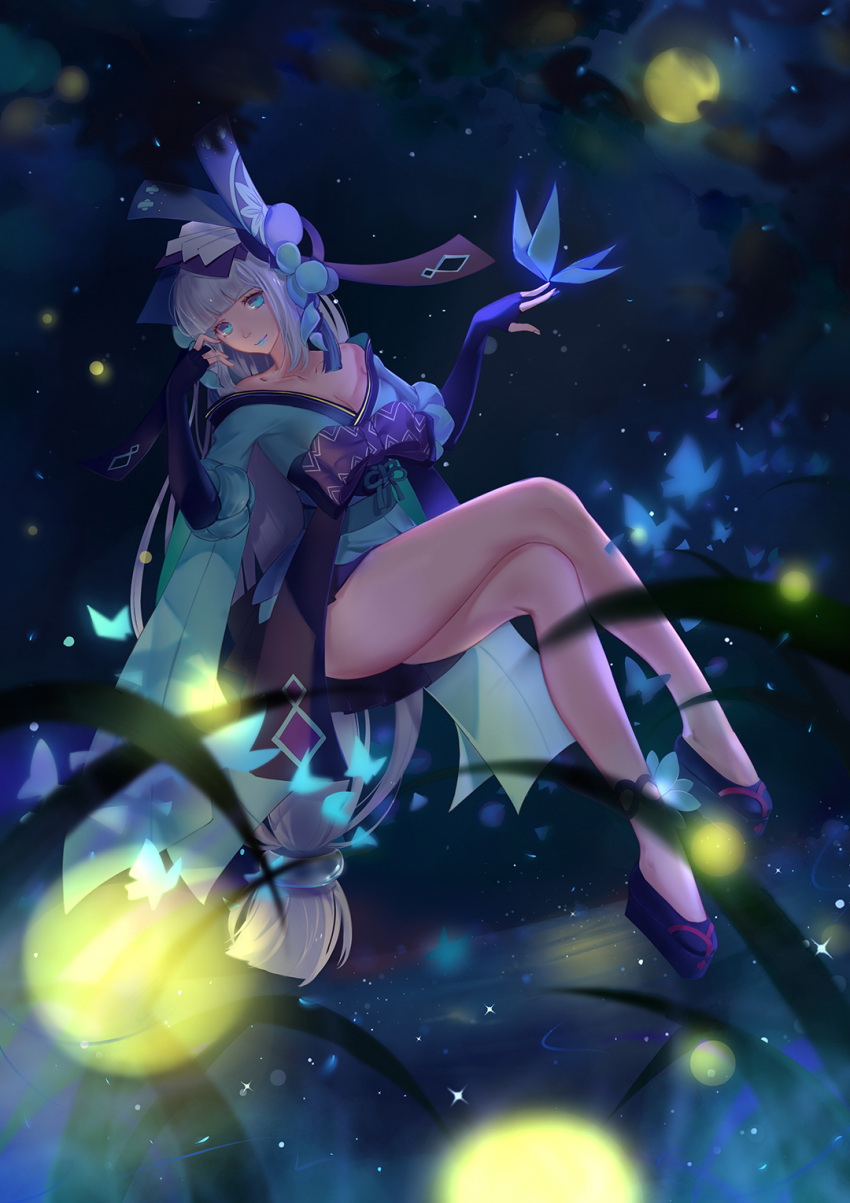 1girl aoandon asanogawa_(tutufcc) ass bangs bare_shoulders blue_eyes blue_lipstick blunt_bangs breasts butterfly cleavage fireflies floating gloves hair_ornament highres japanese_clothes legs legs_crossed lipstick long_hair looking_at_viewer low-tied_long_hair makeup miniskirt night obi off_shoulder onmyoji partly_fingerless_gloves platform_footwear pleated_skirt revision sash sitting skirt smile solo very_long_hair white_hair