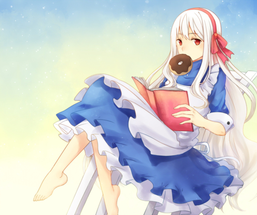 1girl apron barefoot book doughnut feet food highres kagerou_project kozakura_marry legs_crossed long_hair looking_at_viewer mouth_hold reading red_eyes reking solo white_hair