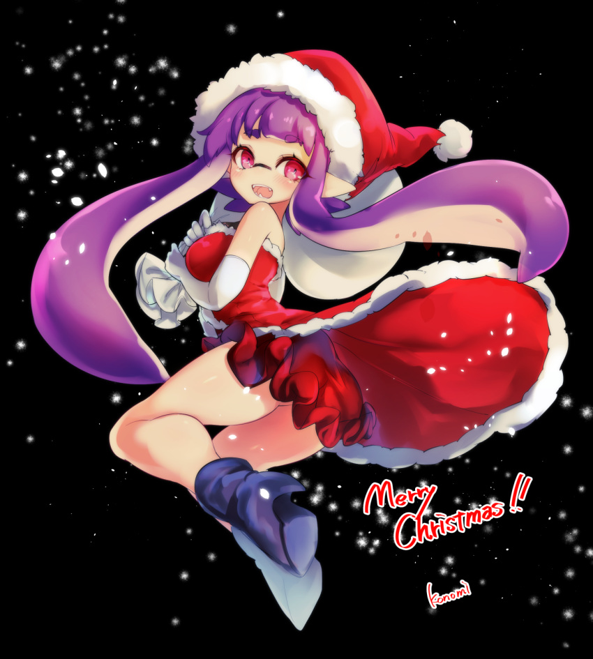 1girl artist_name bag bangs black_background black_boots blush boots carrying christmas coat conomi-c5 domino_mask dress elbow_gloves english fangs full_body gloves hat highres inkling long_hair looking_at_viewer looking_back mask merry_christmas over_shoulder oversized_object pointy_ears purple_hair red_coat red_dress red_hat santa_costume santa_hat short_dress snow solo splatoon standing strapless strapless_dress tentacle_hair violet_eyes white_gloves