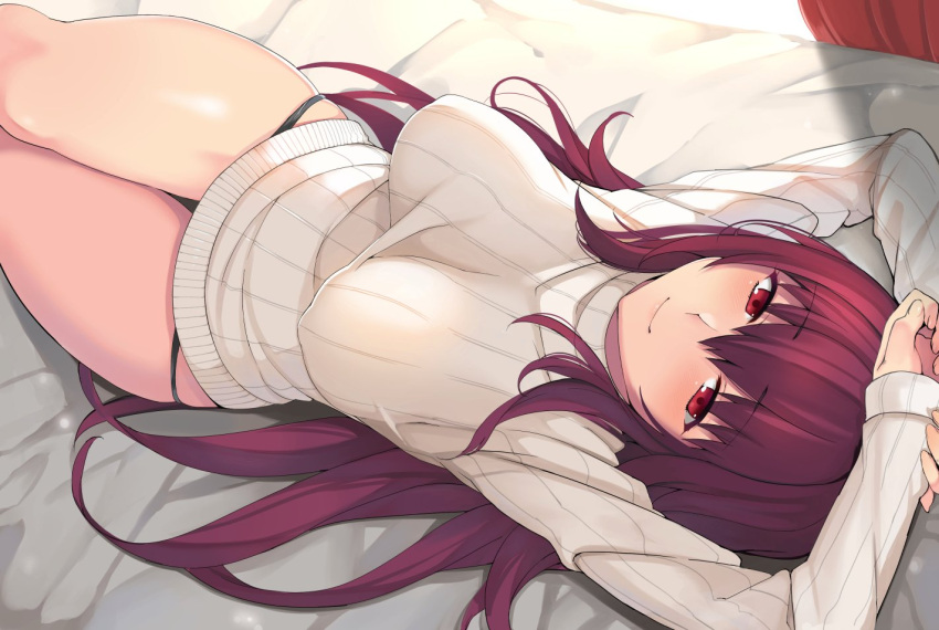 1girl arms_up bed bed_sheet black_panties blush breasts breasts_apart clenched_hand closed_mouth cowboy_shot curtains dutch_angle erect_nipples eyebrows_visible_through_hair fate/grand_order fate_(series) from_above hair_between_eyes holding_arm impossible_clothes impossible_sweater indoors large_breasts legs_together light_smile long_hair long_sleeves looking_at_viewer lowleg lowleg_panties lying no_bra no_pants nuko_(mikupantu) on_back on_bed panties purple_hair red_eyes ribbed_sweater scathach_(fate/grand_order) shade sidelocks skindentation smile solo sunlight sweater taut_clothes thigh_gap thighs turtleneck turtleneck_sweater underwear very_long_hair white_sweater window