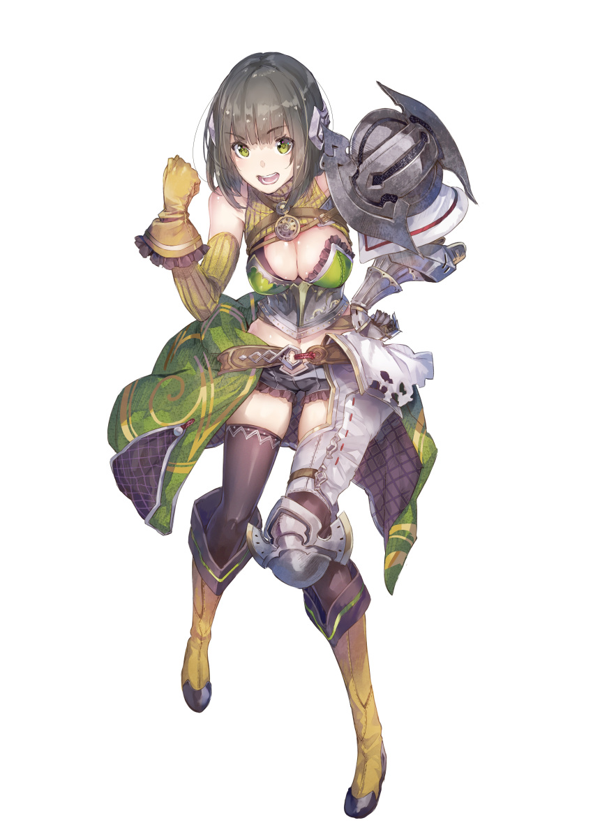 1girl absurdres armor atelier_(series) atelier_firis belt black_legwear boots breasts brown_hair cleavage clenched_hand detached_sleeves drossel_weissberrg female gloves greaves green_eyes highres mismatched_gloves official_art open_mouth short_hair shorts solo thigh-highs white_background yuugen