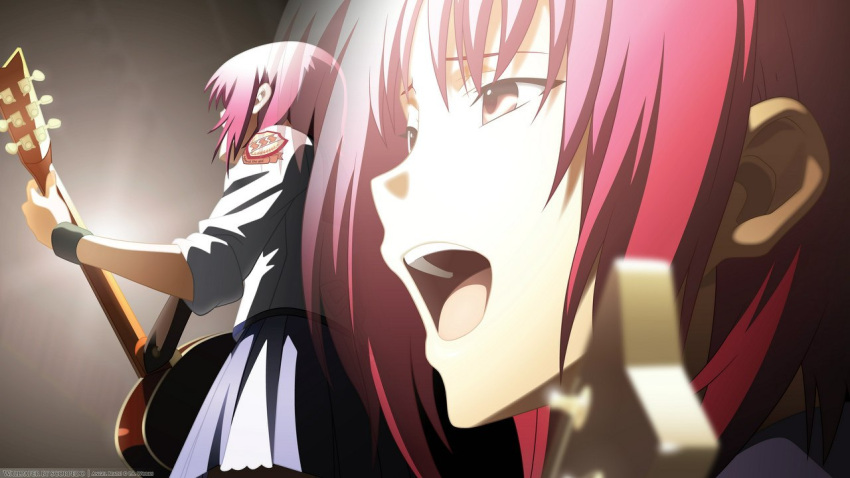 1girl angel_beats! guitar holding_instrument instrument iwasawa open_mouth pink_eyes pink_hair school_uniform short_hair skirt solo zoom_layer