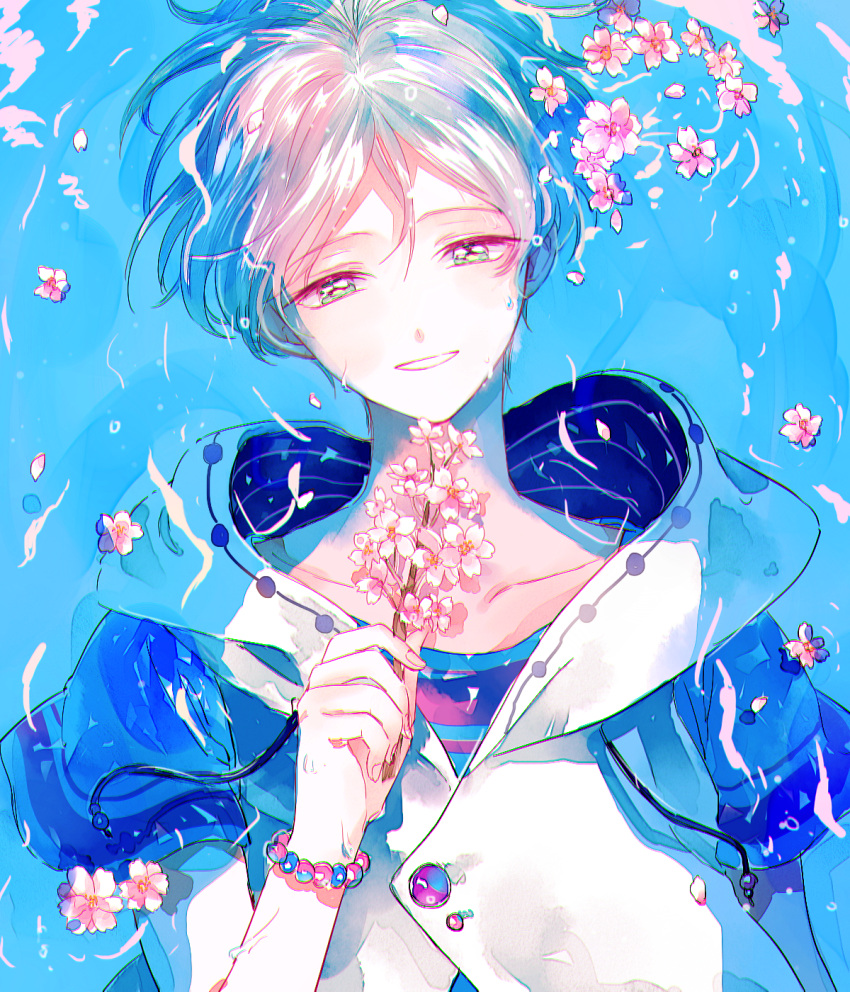 1boy ahma bracelet buttons cherry_blossoms collarbone commentary_request ensemble_stars! floating flower green_eyes highres holding holding_flower hood jewelry layered_clothing male_focus partially_submerged petals petals_on_water smile solo tenshouin_eichi