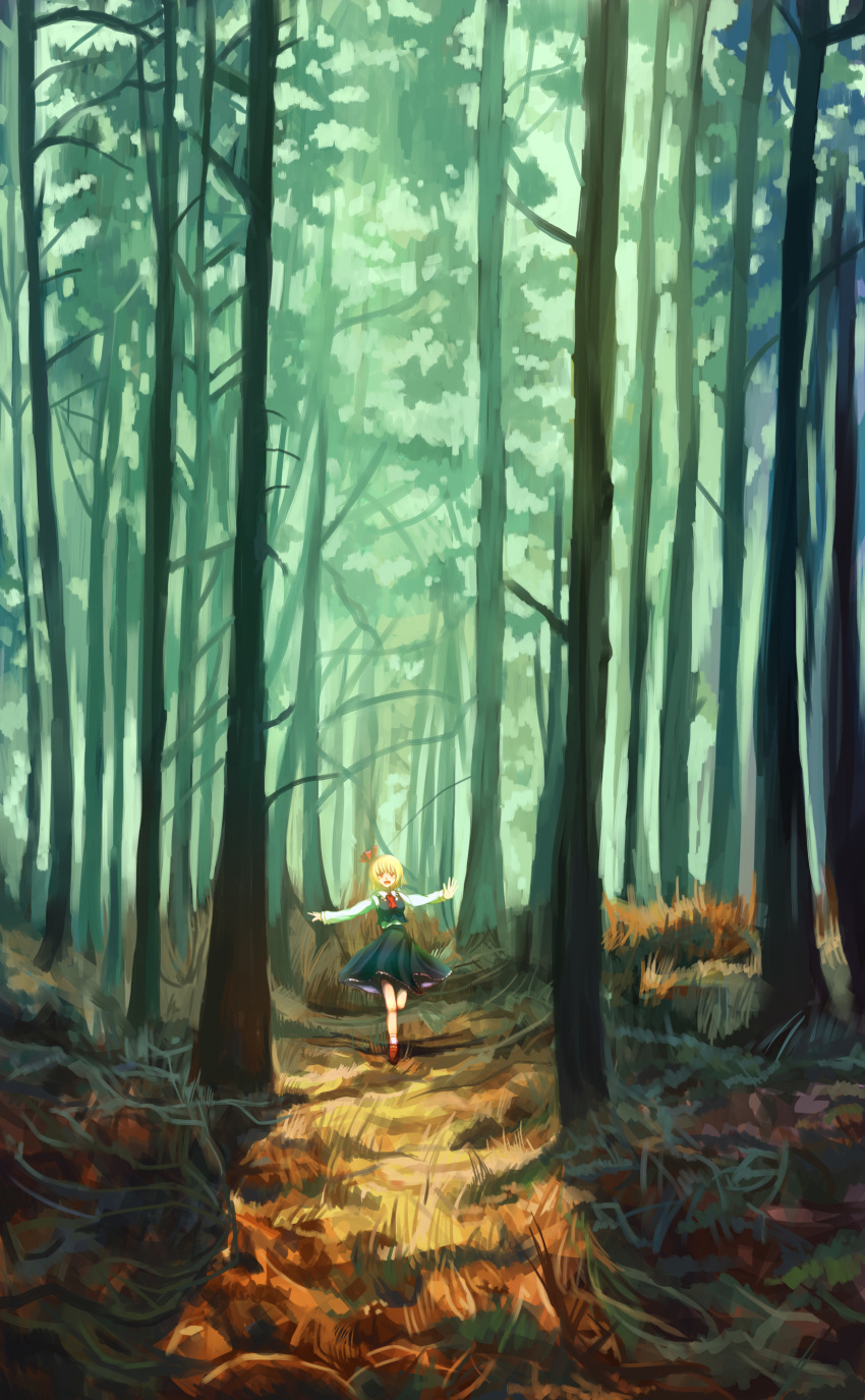1girl absurdres arms_at_sides background bare_tree black_dress blonde_hair blurry bow branch day dress fir_tree forest full_body giant_tree grass highres leaf looking_at_viewer nature open_mouth outdoors outstretched_arms red_bow red_eyes red_ribbon red_shoes ribbon rumia scenery shade shoes short_hair skirt smile socks solo spread_arms sunlight suns_(nemure) tennuru touhou tree tree_shade white_collar white_sleeves