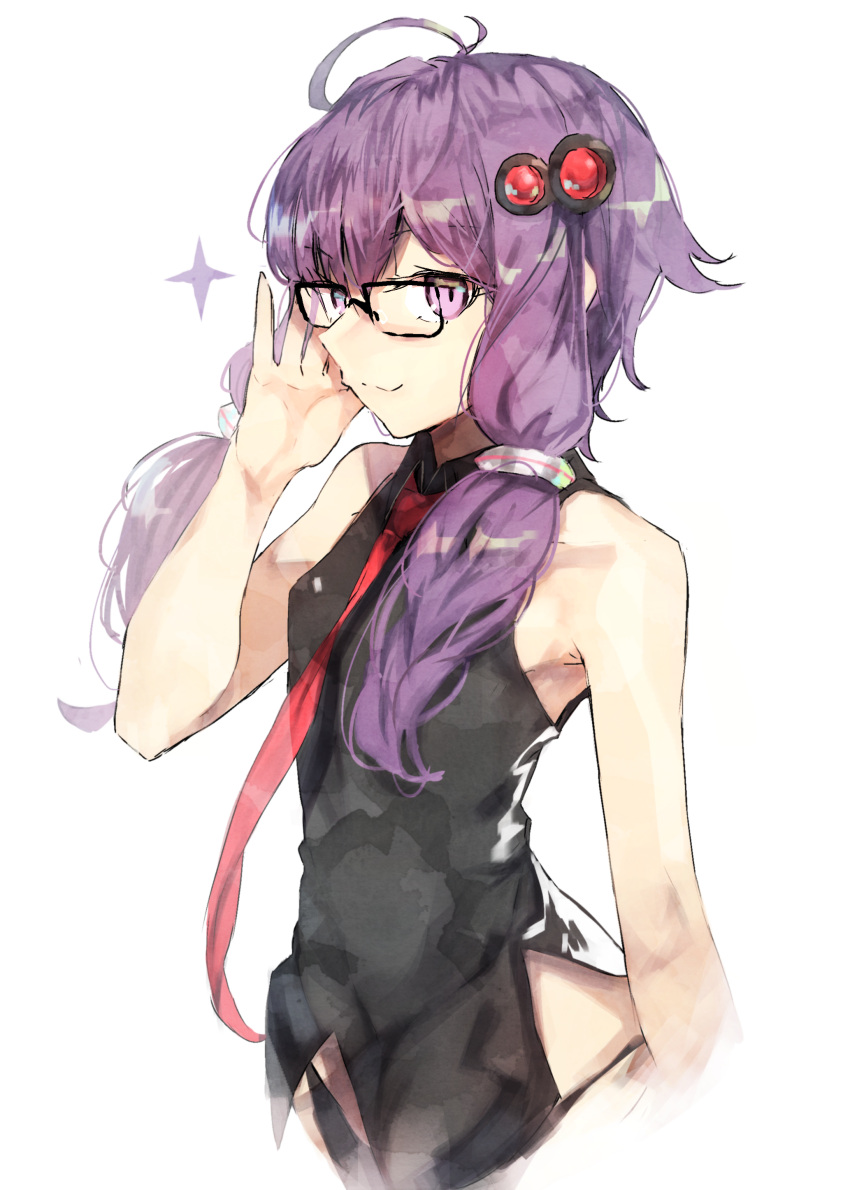 1girl :3 absurdres bare_shoulders bei_mochi breasts glasses hair_ornament highres looking_at_viewer necktie purple_hair short_hair_with_long_locks simple_background sleeveless small_breasts smile solo violet_eyes voiceroid white_background yuzuki_yukari
