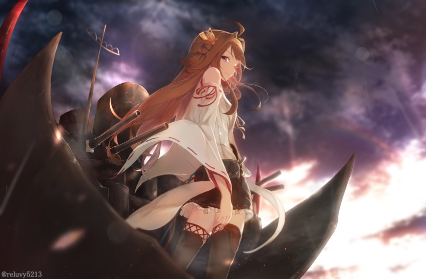 1girl ahoge bare_shoulders black_legwear black_skirt blurry brown_eyes brown_hair closed_mouth clouds cloudy_sky cowboy_shot depth_of_field detached_sleeves double_bun frilled_skirt frills hairband headgear highres japanese_clothes kantai_collection kongou_(kantai_collection) long_hair long_sleeves looking_at_viewer nontraditional_miko remodel_(kantai_collection) rerubixi ribbon-trimmed_sleeves ribbon_trim sidelocks skirt sky smile solo standing thigh-highs turret wide_sleeves