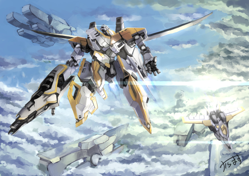 absurdres aircraft airplane fighter_jet flying gun highres holding holding_weapon jet karamas mecha military military_vehicle original signature weapon