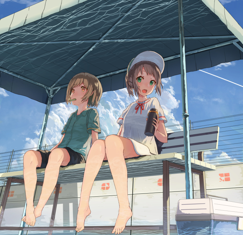 2girls :o arm_at_side arms_at_sides backpack bag bangs barefoot baseball_cap bench blouse blue_shirt blue_sky blush box brown_hair canopy_(shelter) caustics clouds collared_shirt condensation_trail cooler day dress_shirt eyebrows eyebrows_visible_through_hair feet feet_together fence flat_chest food food_in_mouth from_below full_body green_eyes hat high_ponytail highres holding knees_together_feet_apart looking_at_viewer looking_away looking_up mouth_hold multiple_girls neck_ribbon open_mouth orange_eyes original oweee ponytail popsicle red_ribbon reflection revision ribbon shade shadow shirt short_hair short_sleeves shorts sidelocks sitting skirt sky strap_slip summer sweat swept_bangs thermos water white_blouse white_skirt