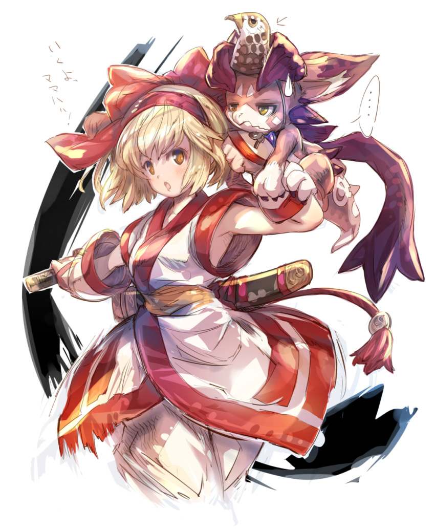 ... 1girl :o animal_head armpit_peek armpits bangs blonde_hair blush bob_cut bow brown_eyes closed_mouth cosplay creature_on_hand directional_arrow djeeta_(granblue_fantasy) eyelashes fingerless_gloves gloves granblue_fantasy hair_bow hairband haku_(sabosoda) highres holding holding_sword holding_weapon looking_at_viewer mamahaha mamahaha_(cosplay) nakoruru nakoruru_(cosplay) outstretched_arms pants red_bow samurai_spirits scabbard sheath short_hair sketch spoken_ellipsis sweatdrop sword tassel unsheathed vee_(granblue_fantasy) weapon white_background