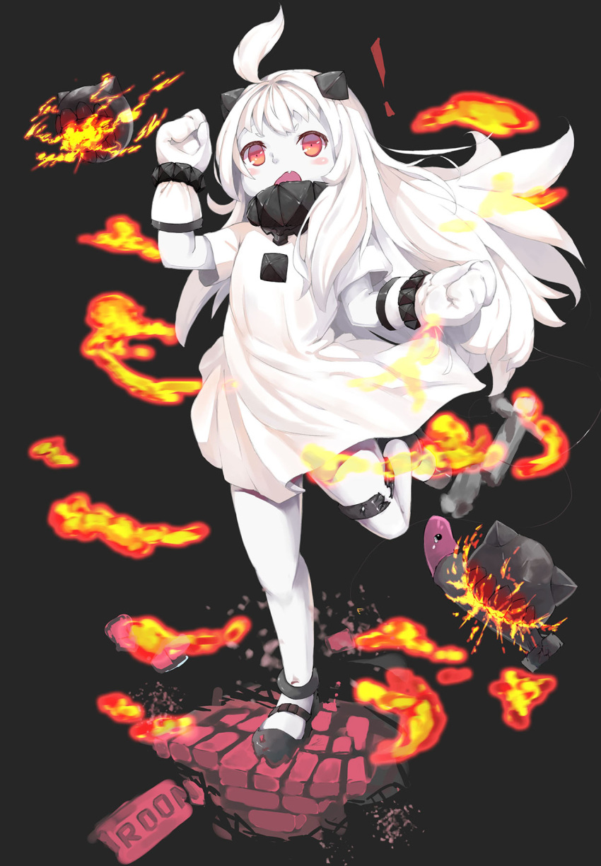 ! 1girl adapted_costume ahoge alternate_costume biting blush_stickers dress enemy_aircraft_(kantai_collection) highres horns kantai_collection long_hair looking_at_viewer mittens northern_ocean_hime open_mouth red_eyes roon shinkaisei-kan standing standing_on_one_leg torpedo white_dress white_hair white_skin