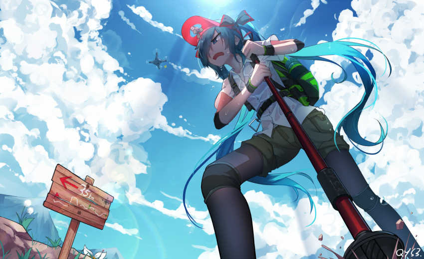 1girl aqua_eyes aqua_hair backpack bag bai_yemeng bottle clouds day dripping drone electric_fan flower from_below grass hat hatsune_miku hot light_rays long_hair mountain open_mouth pantyhose perspective ribbon see-through shorts signpost sky solo sunbeam sunflower sunlight sweat sweating sweating_profusely tired twintails very_long_hair vocaloid walking_stick water_bottle wet wet_clothes