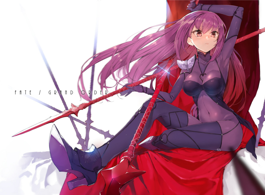 1girl blush bodysuit boots breasts covered_navel fate/grand_order fate_(series) frown gae_bolg high_heels koba large_breasts legs_crossed long_hair polearm purple_bodysuit purple_hair red_eyes scathach_(fate/grand_order) single_pauldron sitting solo spear weapon