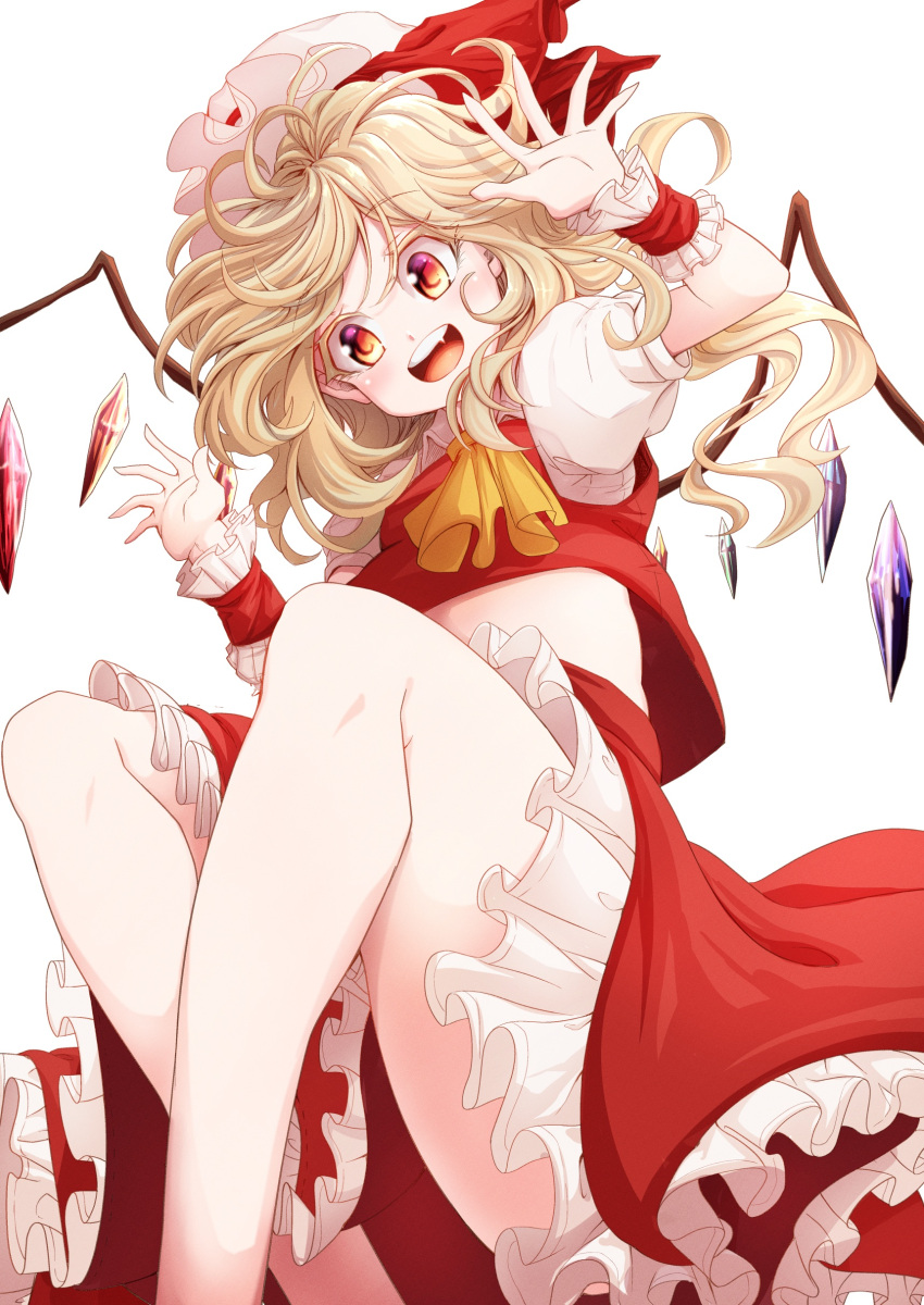 1girl absurdres ascot blonde_hair colored_eyelashes darjeeling_(reley) dress_shirt fang flandre_scarlet frilled_skirt frills happy hat hat_ribbon highres mob_cap open_mouth puffy_short_sleeves puffy_sleeves red_eyes red_skirt red_vest ribbon shirt short_hair short_sleeves skirt skirt_set solo touhou vest wings