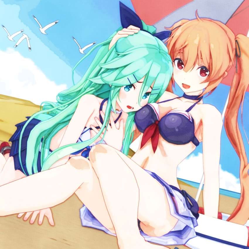 2girls 3d alternate_costume ass beach bikini blush bow breasts brown_hair clouds green_eyes green_hair hair_bow hair_ribbon highres kantai_collection kneeling long_hair looking_at_viewer mikumikudance multiple_girls murasame_(kantai_collection) open_mouth red_eyes ribbon sitting skirt sky swimsuit teeth thighs tongue twintails umbrella yamakaze_(kantai_collection)