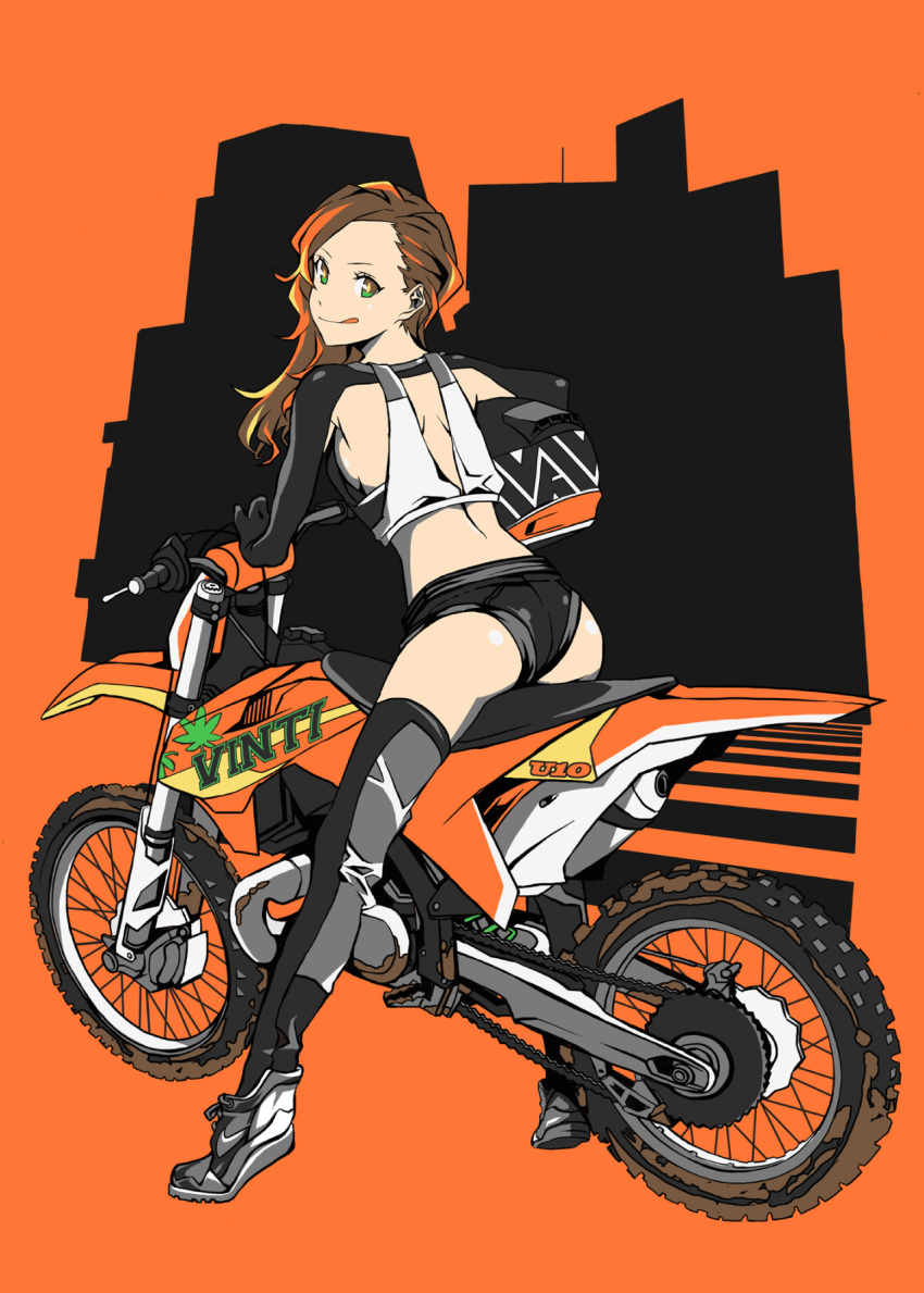 1girl breasts brown_hair green_eyes ground_vehicle headwear_removed helmet helmet_removed highres long_hair looking_back motor_vehicle motorcycle motorcycle_helmet shoes sideboob sneakers solo thigh-highs tongue tongue_out yoshito