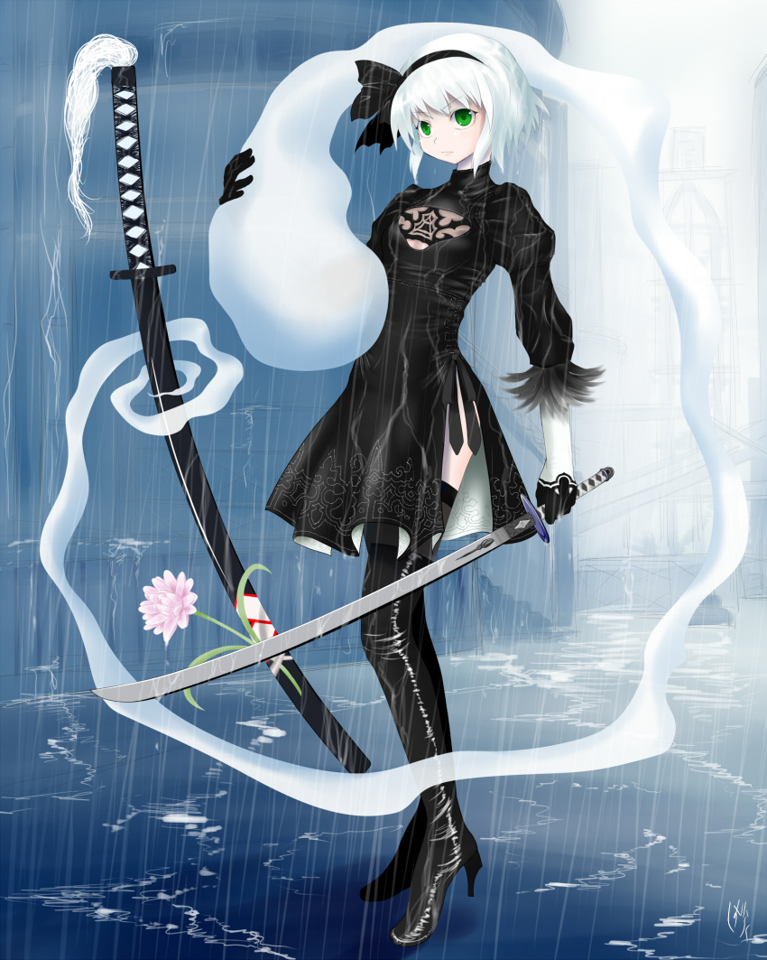 1girl bangs black_boots black_dress black_gloves black_hairband black_legwear boots breasts cleavage cleavage_cutout closed_mouth cosplay dress eyebrows_visible_through_hair flower full_body ghost gloves green_eyes hair_ribbon hairband high_heel_boots high_heels highres hitodama holding holding_sword holding_weapon juliet_sleeves katana konpaku_youmu konpaku_youmu_(ghost) long_sleeves nier_(series) nier_automata puffy_sleeves rain ribbon scabbard sheath sheathed shizuraku short_dress short_hair side_slit signature silver_hair small_breasts solo standing sword tassel thigh-highs thigh_boots touhou turtleneck unsheathed vambraces weapon wet wet_clothes wet_dress yorha_no._2_type_b yorha_no._2_type_b_(cosplay)