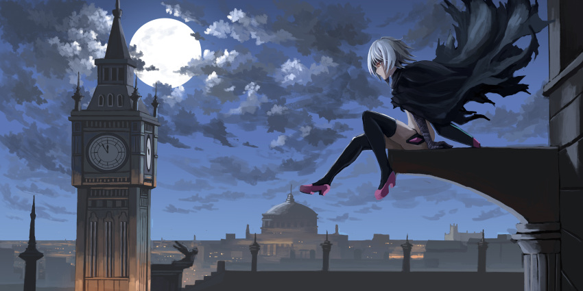 1girl absurdres architecture assassin_of_black bandage black_coat black_legwear black_panties building cityscape clock clock_tower clouds cloudy_sky fate/apocrypha fate_(series) from_side full_body full_moon highres looking_down moon night night_sky orange_eyes panties pink_shoes scar scenery sheath sheathed shoes short_hair silver_hair sitting sky solo thigh-highs torn_clothes torn_coat tower underwear weapon zen_(weishanzhe)
