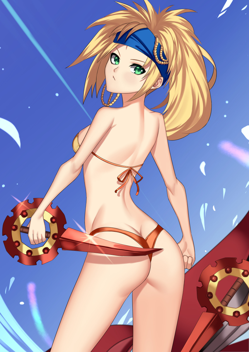 1girl absurdres ass back bandanna blonde_hair bra braid final_fantasy final_fantasy_x final_fantasy_x-2 green_eyes highres looking_back rikku solo squirrelhollow thong underwear weapon