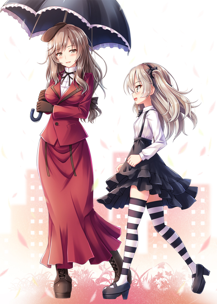 2girls :d akashio_(loli_ace) black_bow blonde_hair boots bow brown_eyes cross-laced_footwear formal from_side full_body girls_und_panzer hair_bow hair_ribbon hairband hat high-waist_skirt highres holding holding_umbrella lace-up_boots long_hair long_sleeves looking_at_another mother_and_daughter multiple_girls open_mouth parasol parted_lips petals profile ribbon shimada_arisu shimada_chiyo sidelocks silver_hair skirt skirt_suit smile standing striped striped_legwear suit suspender_skirt suspenders thigh-highs twintails umbrella