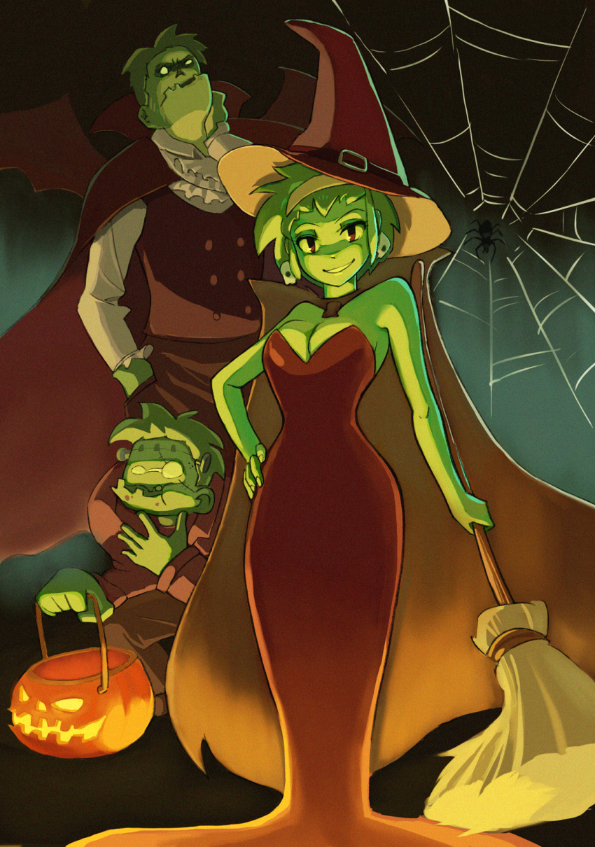 10307 1girl 2boys abner_cadaver breasts brother_and_sister cape cleavage cosplay dress earrings frankenstein's_monster frankenstein's_monster_(cosplay) green_hair green_skin grin hairband halloween halloween_costume hand_on_hip hat highres jack-o'-lantern jewelry long_dress medium_breasts multiple_boys poe_(shantae) red_eyes rottytops shantae shantae_(series) short_hair siblings silk skull_earrings slender_waist smile spider_web strapless strapless_dress witch_hat