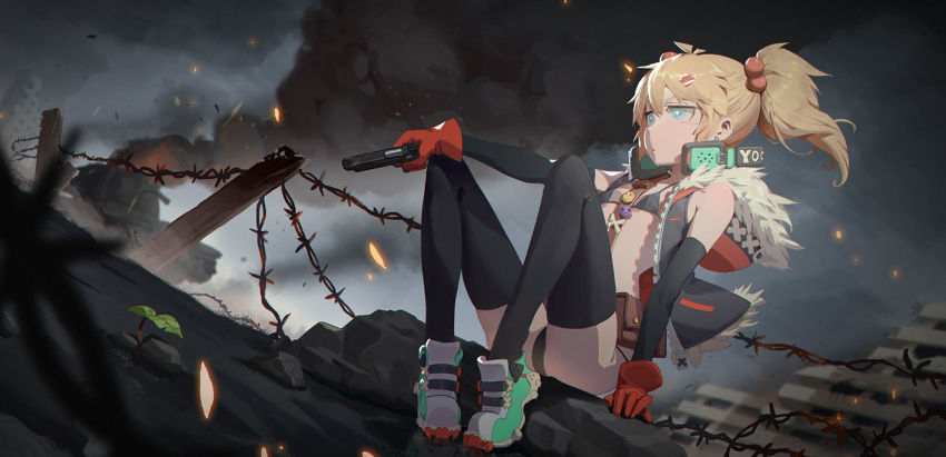 1girl aqua_eyes bikini black_gloves black_legwear blonde_hair character_request elbow_gloves gloves ground_vehicle gun handgun headphones hood hoodie military military_vehicle motor_vehicle pistol red_gloves shoes smoke solo swimsuit tank thigh-highs weapon wotor-komo