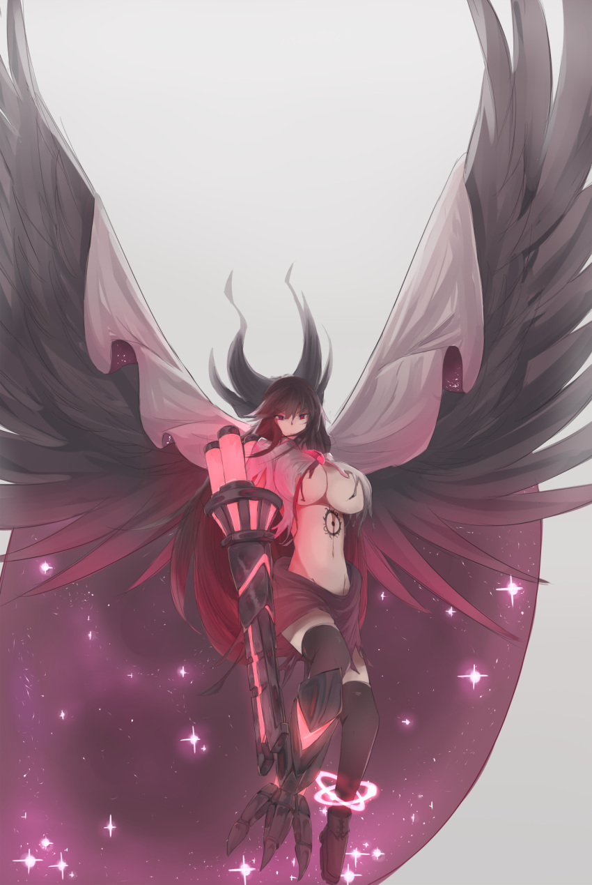 &gt;:( 1girl arm_cannon bangs bird_wings black_bow black_hair black_legwear black_skirt black_wings bow breasts cape feathered_wings full_body groin hair_bow highres huge_breasts long_hair looking_at_viewer navel red_eyes reiuji_utsuho shirt single_greave skirt solo sparkle spread_wings stomach swept_bangs thigh-highs third_eye torn_clothes torn_shirt touhou uchisukui under_boob very_long_hair weapon wings