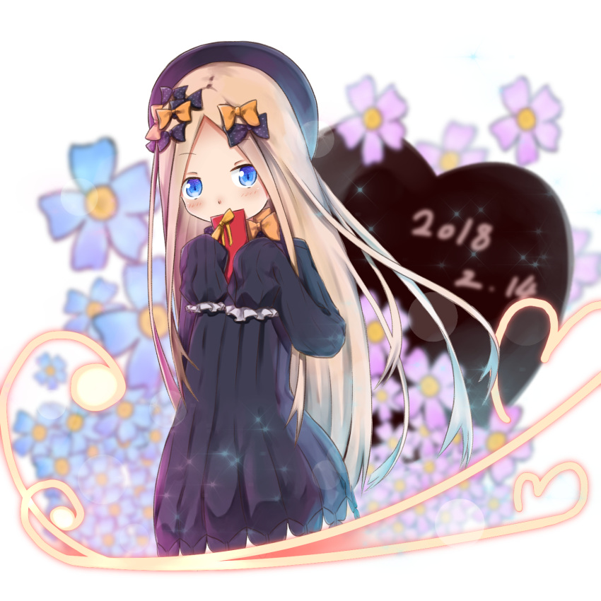 1girl abigail_williams_(fate/grand_order) bangs black_bow black_dress black_hat blue_eyes blue_flower blurry blurry_background blush bow box butterfly chocolate chocolate_heart commentary_request covered_mouth dated depth_of_field dress eyebrows_visible_through_hair fate/grand_order fate_(series) flower forehead gift gift_box gun hair_bow hat heart highres holding holding_gun holding_weapon light_brown_hair long_hair long_sleeves looking_at_viewer orange_bow parted_bangs pink_flower polka_dot polka_dot_bow sleeves_past_fingers sleeves_past_wrists solo su_guryu valentine very_long_hair weapon white_background