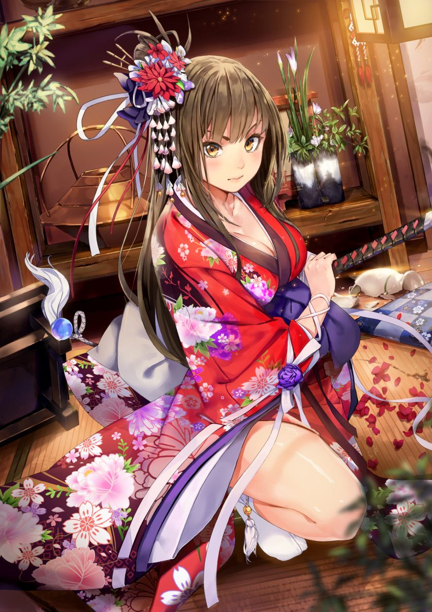 1girl 3:&lt; bangs black_hair blurry blush breasts broken cleavage closed_mouth collarbone cushion depth_of_field dutch_angle eyelashes floral_print flower full_body hair_flower hair_ornament hair_stick highres holding holding_sword holding_weapon honey_yun indoors japanese_clothes kanzashi kimono lantern light_particles long_hair looking_at_viewer medium_breasts no_shoes obi on_floor one_knee original petals plant pot potted_plant print_kimono ready_to_draw red_flower red_kimono sash shards shiny shiny_skin solo sphere sword table tatami vase very_long_hair weapon white_legwear yellow_eyes