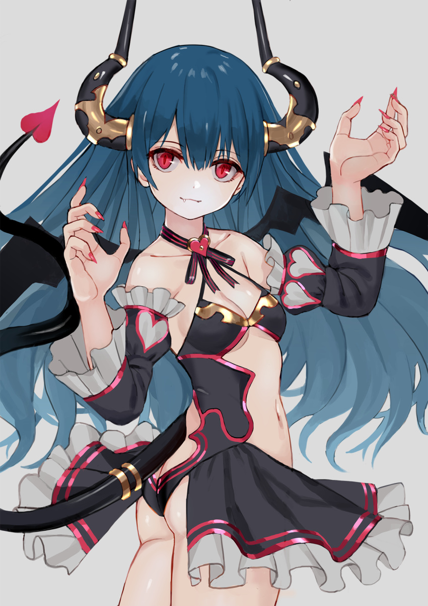 1girl blue_hair demon demon_girl demon_horns demon_tail demon_wings detached_sleeves fang grey_background highres horns long_hair nail nail_polish navel original red_eyes ruisento sharp_nails simple_background solo succubus tail wings