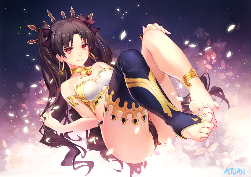 1girl anklet armlet atdan bare_shoulders barefoot black_hair breasts earrings fate/grand_order fate_(series) feet hair_ribbon hoop_earrings ishtar_(fate/grand_order) jewelry long_hair looking_at_viewer medium_breasts navel no_shoes pov_feet red_eyes ribbon single_thighhigh smile soles solo thigh-highs toeless_legwear toeless_socks toes tohsaka_rin toosaka_rin two_side_up