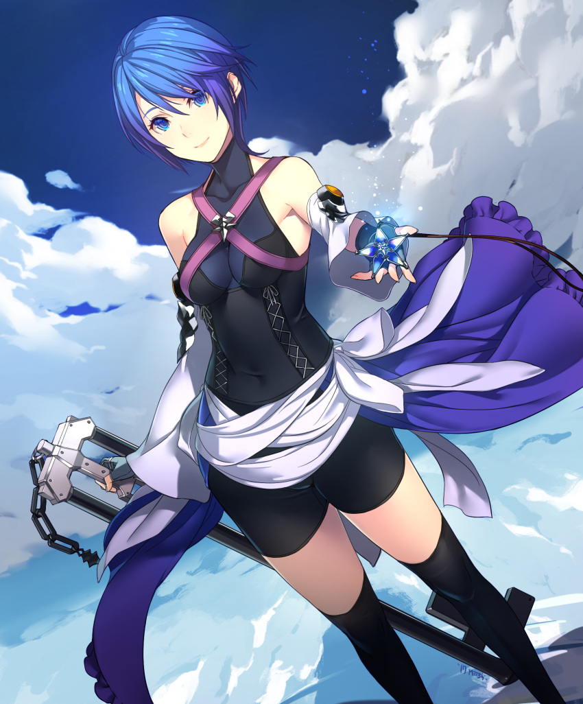 1girl aqua_(kingdom_hearts) bare_shoulders bike_shorts black_legwear blue_eyes blue_hair breasts clouds covered_navel cross-laced_clothes day detached_sleeves fingerless_gloves gloves highres kagetomo_midori keyblade kingdom_hearts kingdom_hearts_birth_by_sleep looking_at_viewer night night_sky skin_tight sky solo thigh-highs
