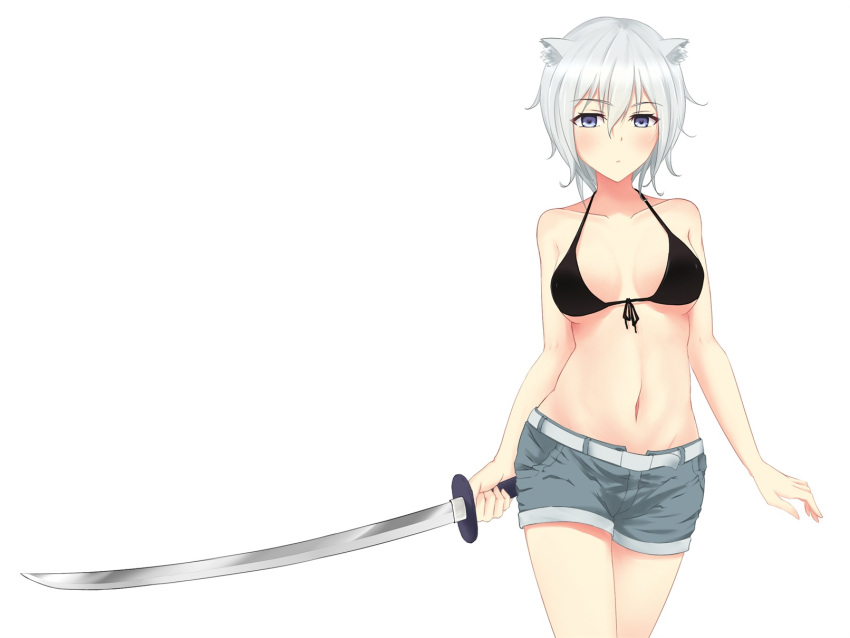 1girl animal_ears belt black_bikini_top blue_eyes breasts cat_ears front-tie_bikini front-tie_top groin highres holding holding_sword holding_weapon katana navel original short_hair shorts silver_hair simple_background solo sword under_boob weapon white_background wish_white