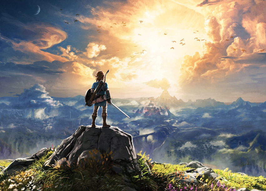 1boy absurdres arrow aura bird blonde_hair boots bow_(weapon) castle cliff clouds cloudy_sky dark_aura flower from_behind grass highres link moon mountain nature nintendo official_art plant pointy_ears ponytail quiver rock scabbard scenery sheath shield short_ponytail sky smoke solo standing sunset sword the_legend_of_zelda the_legend_of_zelda:_breath_of_the_wild tree volcano weapon
