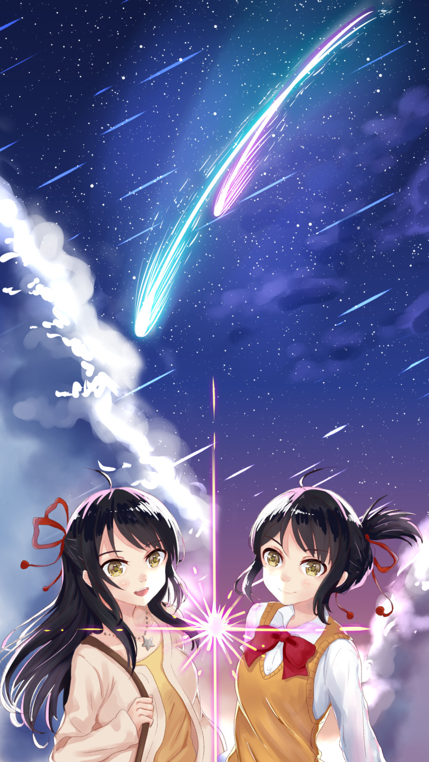 2girls black_hair blush brown_eyes clouds comet commentary_request diffraction_spikes dual_persona hair_ribbon highres jewelry kimi_no_na_wa long_hair looking_at_viewer mahou_shounen miyamizu_mitsuha multiple_girls night night_sky older pendant red_ribbon ribbon sky star_(sky) star_necklace starry_sky
