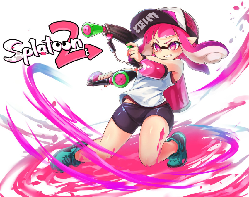 1girl bangs baseball_cap bike_shorts black_shorts blue_shoes blunt_bangs commentary conomi-c5 copyright_name domino_mask full_body grin hat highres holding holding_weapon ink_tank_(splatoon) inkling leaning_back long_hair looking_to_the_side mask paint_splatter pink_hat pointy_ears shirt shoes shorts single_vertical_stripe sleeveless sleeveless_shirt smile sneakers solo splat_dualies_(splatoon) splatoon splatoon_2 standing tentacle_hair weapon white_background white_shirt