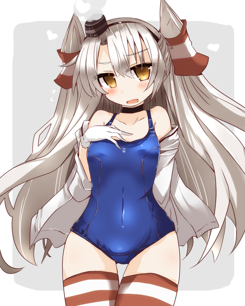 1girl :d amatsukaze_(kantai_collection) arm_behind_back blue_swimsuit blush breast_suppress breasts brown_eyes collarbone eyebrows_visible_through_hair fang gloves hair_between_eyes hair_tubes hat head_tilt heart highres kantai_collection long_hair looking_at_viewer medium_breasts off_shoulder one-piece_swimsuit open_clothes open_mouth open_shirt outside_border shirogane_(platinum) shirt silhouette silver_hair smile solo steam striped striped_legwear sweatdrop swimsuit thigh-highs two_side_up very_long_hair white_gloves