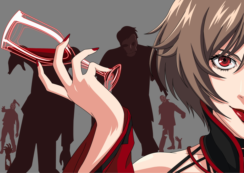 1girl akujiki_musume_conchita_(vocaloid) alcohol blood brown_hair cel_shading choker close-up cup detached_sleeves dress drinking_glass evillious_nendaiki eyelashes grey_background highres holding_glass lipstick looking_at_viewer makeup meiko nail_polish necromancer out_of_frame red_dress red_eyes red_lips red_nails short_hair simple_background smile solo_focus staring tokudaiji undead vector_art vocaloid wine wine_glass zombie