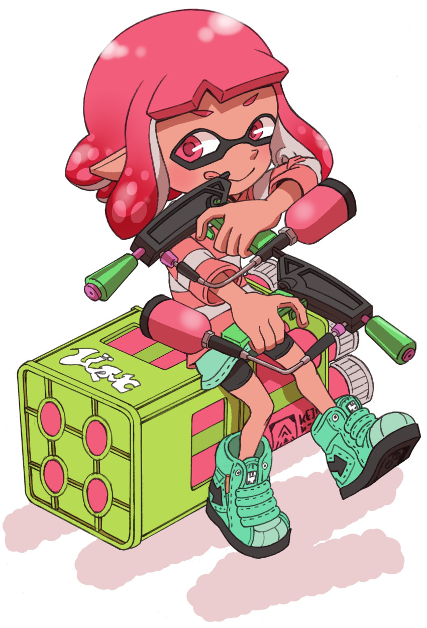 1girl absurdres bike_shorts dark_skin domino_mask dual_wielding high_tops highres inkling looking_at_viewer mask pink_eyes pink_hair shirt shoes short_hair simple_background sitting smile sneakers splatoon splatoon_2 striped striped_shirt t-shirt tentacle_hair tongue tongue_out weapon white_background yoshizawa_miyabi