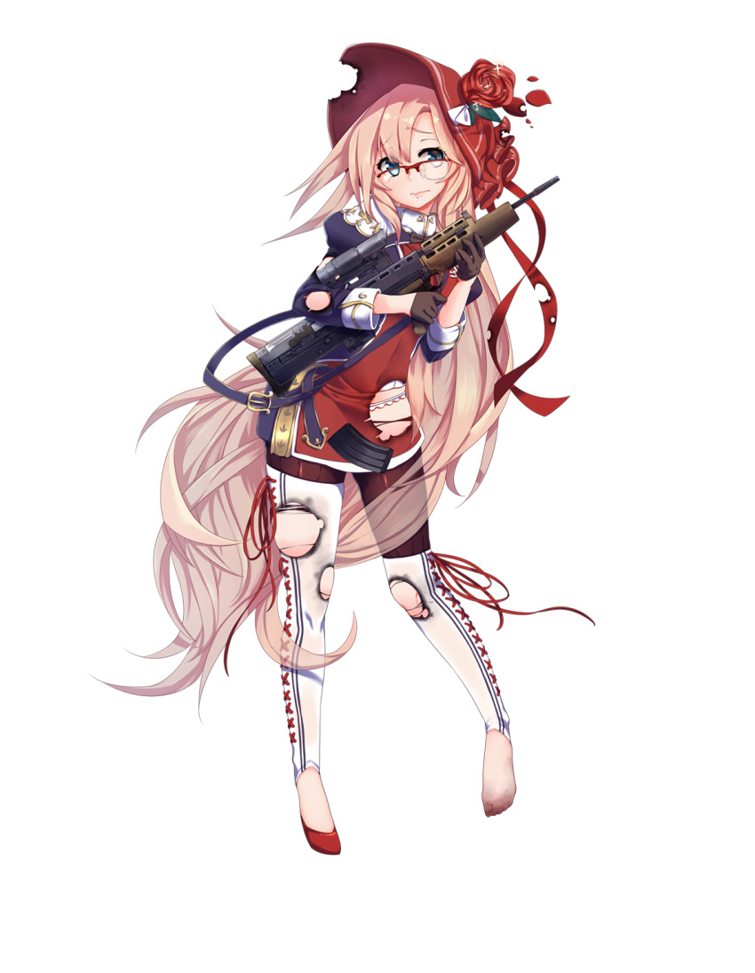1girl assault_rifle asymmetrical_legwear black_gloves black_legwear blush bonnet bow cartridge closed_mouth cross-laced_legwear dress eyebrows flower flower_ornament full_body girls_frontline glasses gloves green_eyes gun hair_between_eyes hair_bow hair_ribbon half_gloves hat head_tilt highres holding holding_gun holding_weapon juliet_sleeves l85a1_(girls_frontline) leaning_to_the_side lips long_hair long_sleeves looking_at_viewer nose official_art panties personification puffy_sleeves red-framed_eyewear ribbon rifle rose solo tears thigh-highs torn_clothes torn_thighhighs transparent_background underwear very_long_hair wavy_mouth weapon white_legwear