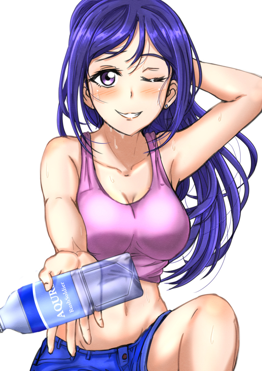 1girl blue_hair blush bottle breasts cleavage earrings hand_behind_head highres jewelry large_breasts long_hair looking_at_viewer love_live! love_live!_sunshine!! matsuura_kanan midriff one_eye_closed outstretched_hand ponytail rushsoldier smile solo violet_eyes water_bottle