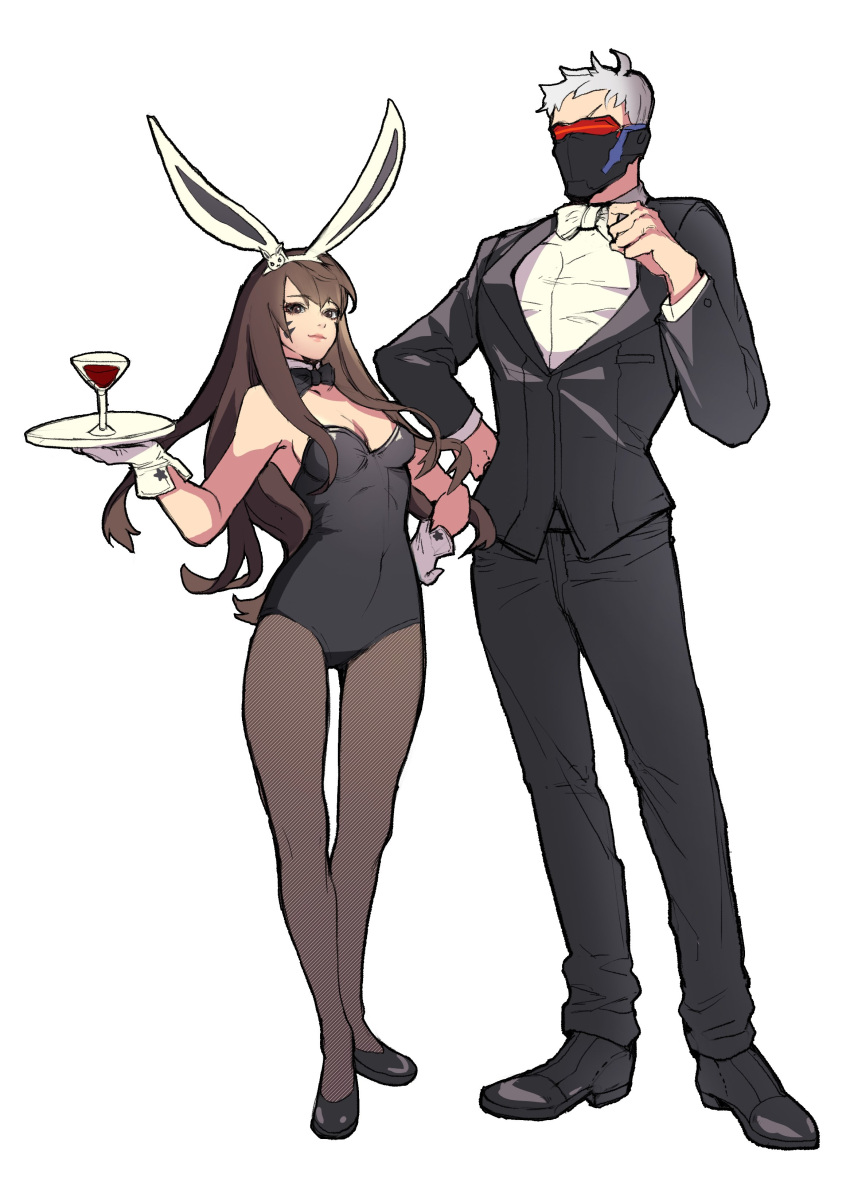 1boy 1girl absurdres adjusting_bow alcohol animal_ears bare_shoulders belda34 black_bow black_bowtie black_jacket black_leotard black_pants black_shoes bow bowtie breasts bunny_girl covered_mouth cup d.va_(overwatch) detached_collar dress_shirt drinking_glass face_mask facepaint facial_mark fake_animal_ears fishnet_pantyhose fishnets formal glass gloves hand_on_hip highres holding holding_plate jacket leotard long_sleeves looking_at_viewer mask medium_breasts overwatch pants pantyhose pink_lips plate rabbit_ears scar scar_across_eye shirt shoes short_hair simple_background soldier:_76_(overwatch) standing strapless strapless_leotard suit visor whisker_markings white_background white_gloves white_hair white_shirt wine wine_glass