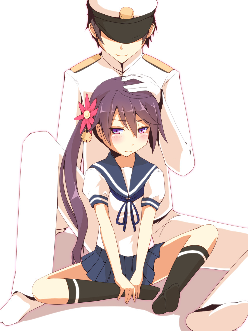1boy 1girl absurdres admiral_(kantai_collection) akebono_(kantai_collection) bell black_hair commentary_request flower frown gloves hair_bell hair_flower hair_ornament hat highres indian_style jingle_bell kantai_collection long_hair military military_uniform naval_uniform peaked_cap petting pleated_skirt purple_hair school_uniform serafuku side_ponytail simple_background sitting skirt smile twinameless uniform violet_eyes white_background white_gloves