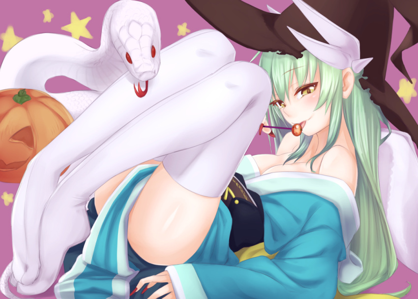 1girl aqua_hair bare_shoulders breasts bugbook candy cleavage fate/grand_order fate_(series) fingernails food hat horns jack-o'-lantern japanese_clothes kimono kiyohime_(fate/grand_order) large_breasts lollipop long_fingernails long_hair nail_polish off_shoulder red_nails snake solo thigh-highs tongue tongue_out white_legwear white_snake witch_hat yellow_eyes