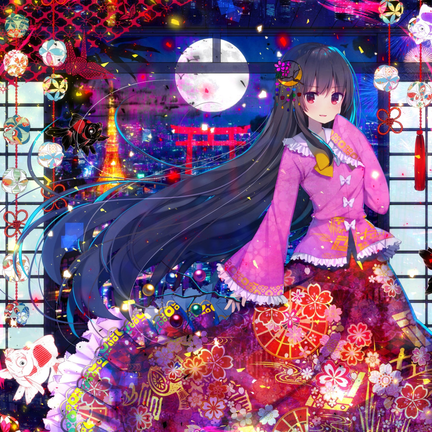 1girl bangs black_hair blouse blush branch cowboy_shot crescent crescent_hair_ornament floral_print frilled_sleeves frills full_moon hair_ornament highres houraisan_kaguya jeweled_branch_of_hourai koto_seori long_hair long_skirt long_sleeves looking_at_viewer moon open_mouth pink_blouse red_eyes red_skirt sidelocks skirt sleeves_past_wrists solo torii touhou very_long_hair wide_sleeves wind