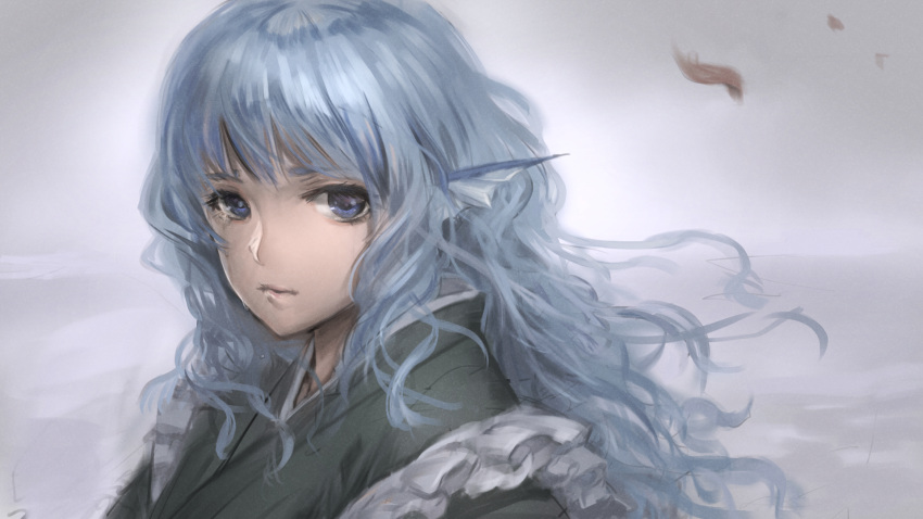 1girl alternate_hair_length alternate_hairstyle animal_ears bangs blue_eyes blue_hair closed_mouth crying crying_with_eyes_open eyelashes head_fins highres japanese_clothes kimono lips long_hair looking_at_viewer mermaid monster_girl sketch solo streaming_tears tears touhou upper_body wakasagihime wavy_hair woominwoomin5