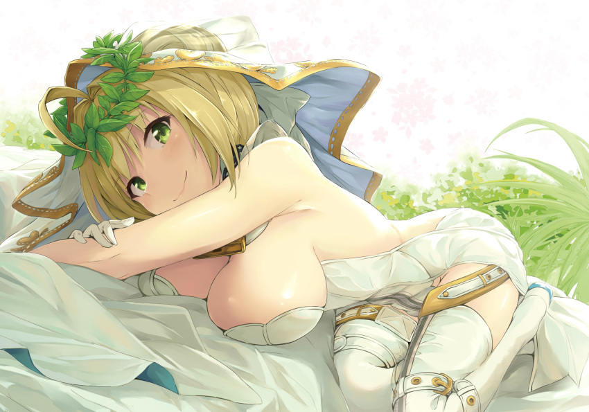 1girl ahoge armpits backless_outfit bare_shoulders blonde_hair blush boots breast_press breasts chains cleavage closed_mouth fate/extra fate/extra_ccc fate/grand_order fate_(series) foreshortening gloves green_eyes hair_ribbon highres hika_(hikara) large_breasts laurel_crown lock looking_at_viewer lying on_side padlock ribbon saber_bride saber_extra short_hair smile solo thigh-highs thigh_strap veil white_boots white_gloves white_legwear white_ribbon