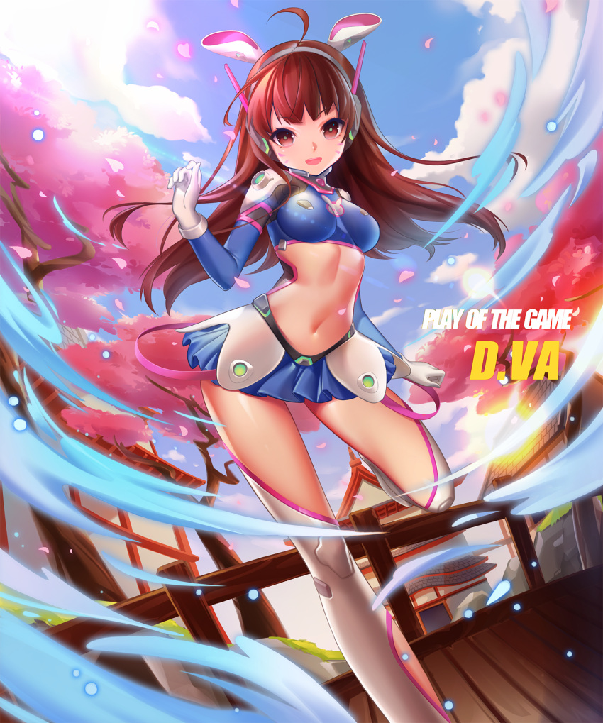 1girl adapted_costume ahoge animal_ears animal_print architecture bangs blue_skirt blue_sky boots bracer breasts brown_eyes brown_hair bunny_print cherry_blossoms commentary_request contrapposto crop_top d.va_(overwatch) east_asian_architecture facepaint facial_mark fake_animal_ears frilled_skirt frills gloves headphones high_collar highres leg_up lens_flare light_particles littleamber long_hair long_sleeves looking_at_viewer medium_breasts midriff miniskirt navel open_mouth outdoors overwatch petals play_of_the_game railing shoulder_pads skin_tight skirt sky smile solo standing standing_on_one_leg swept_bangs thigh-highs thigh_boots tree whisker_markings white_gloves white_legwear